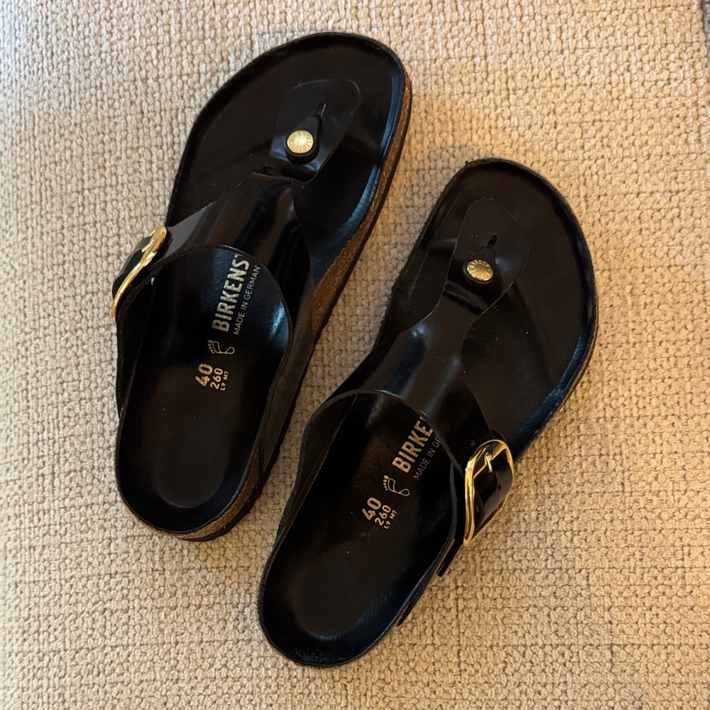 Birkenstock Black Sandals with Big Gold Buckle